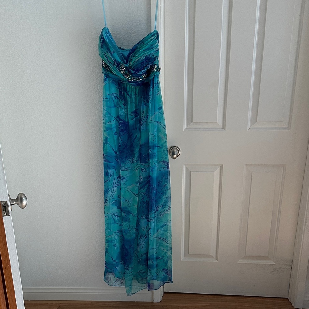 Cache Strapless Teal and Blue Dress